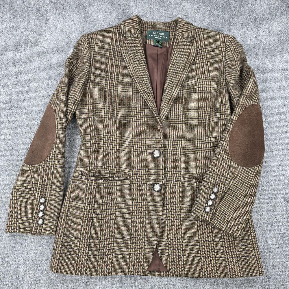 Lauren Ralph Lauren Blazer Womens 4P Brown Plaid Wool Alpaca Tweed Elbow Patch - Picture 4 of 16
